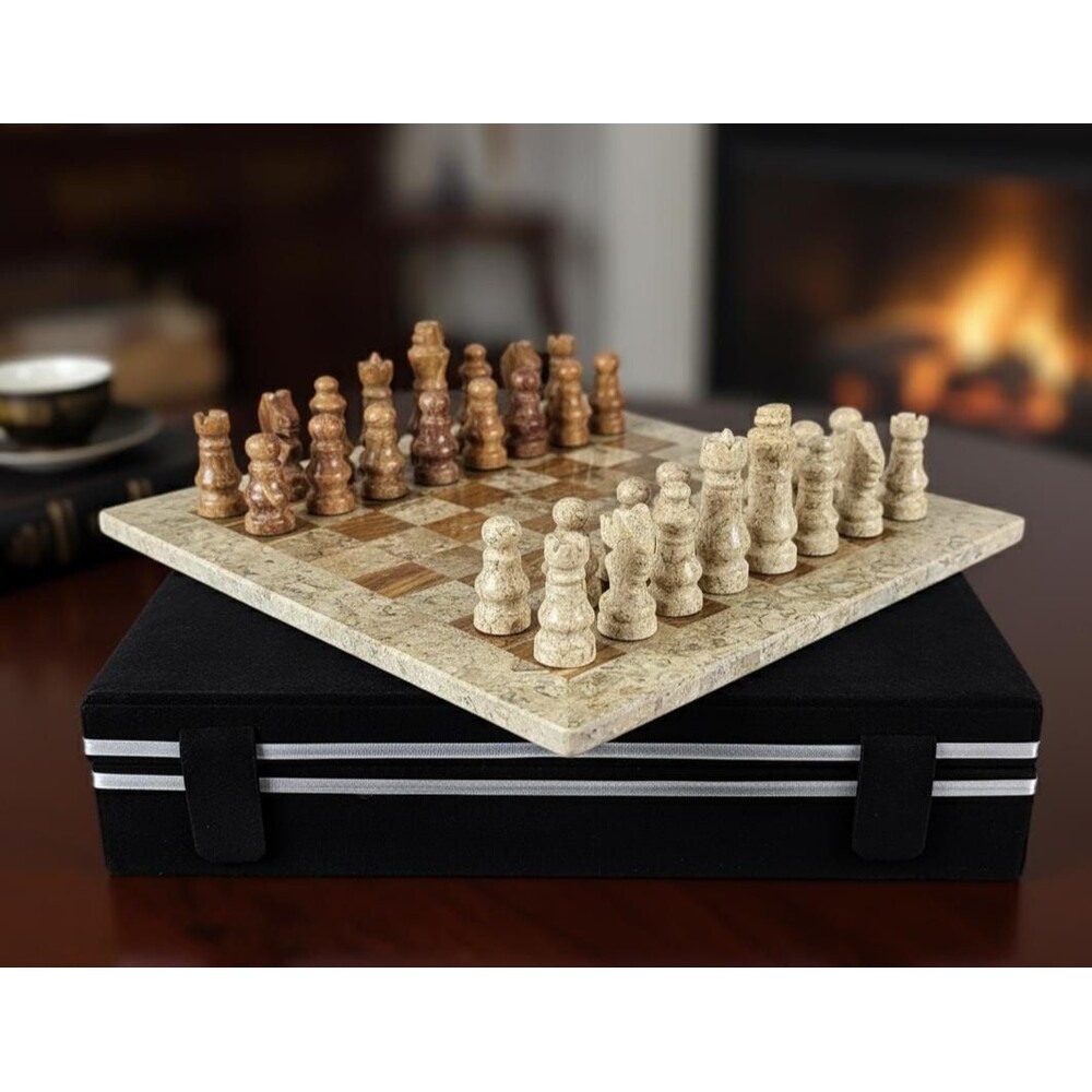 Handmade Marble Chess Set Brown chess Board & Pieces storage box Christmas gift